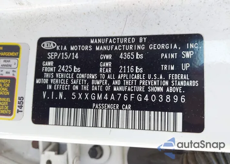 2015 Kia Optima Lx from USA, damaged, VIN 5XXGM4A76FG403896